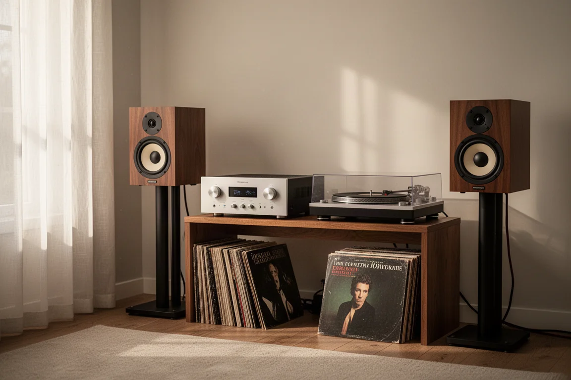 Installation hi-fi de salon avec amplificateur intégré, platine vinyle et enceintes bibliothèque