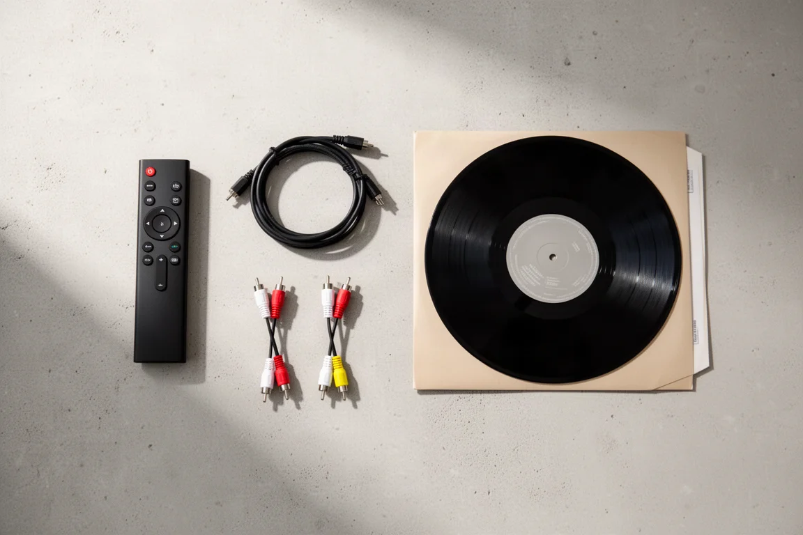 Vue à plat d'une télécommande, de câbles optiques et RCA et d'un disque vinyle sur béton