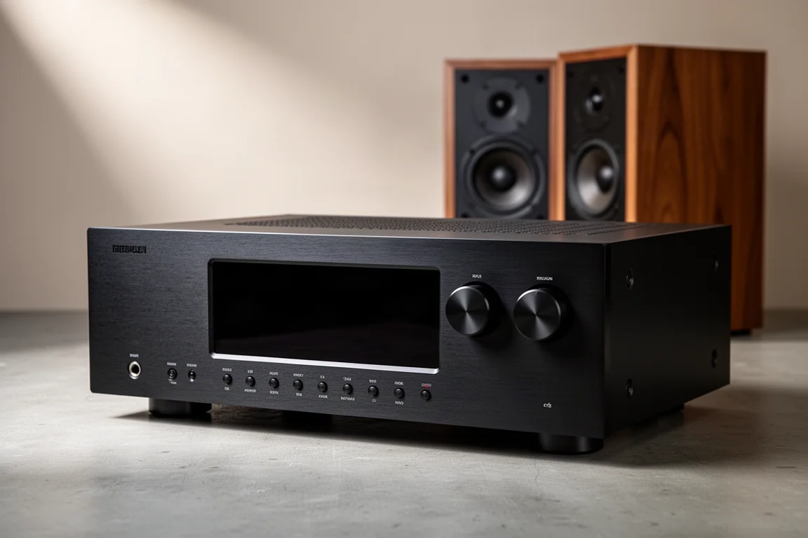 Stereo integrated amplifier with display window and knobs on a concrete surface