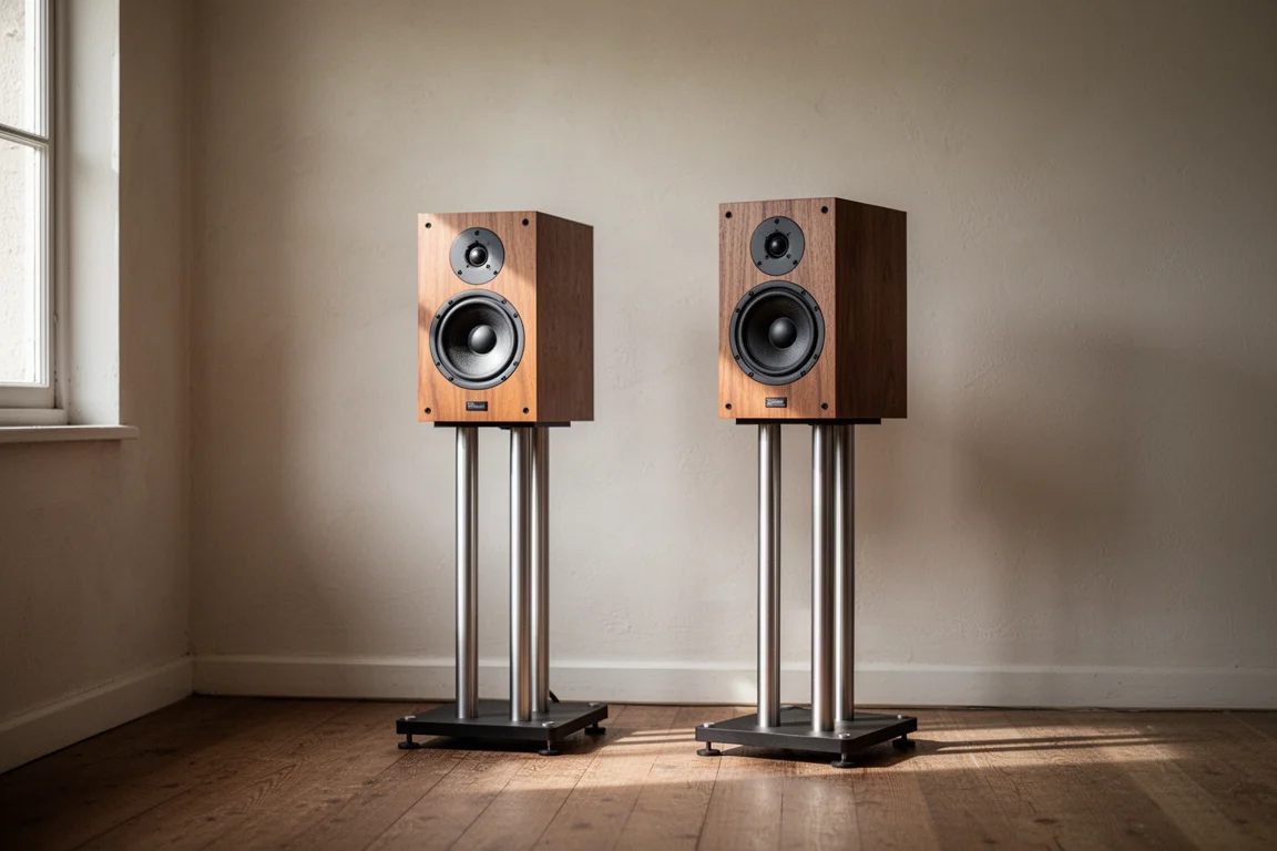 Diffusori hi-fi da scaffale su stand metallici in una sala d'ascolto dalla luce soffusa