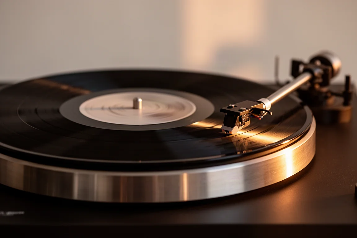 Disco in vinile che gira sul giradischi con braccio in calda luce serale