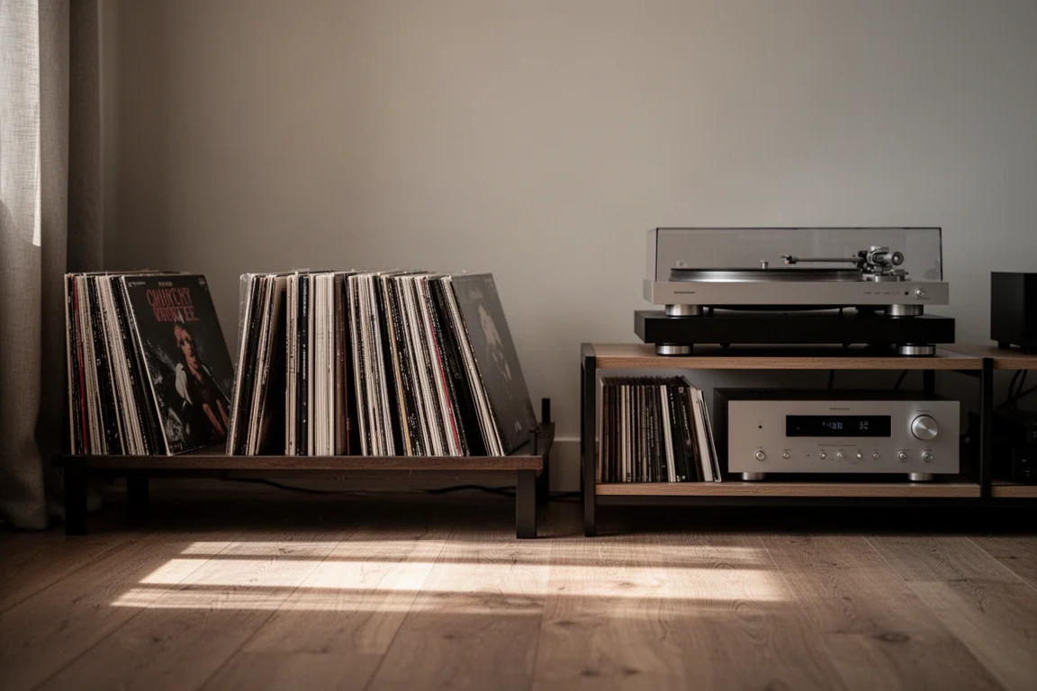 Scaffali di dischi in vinile accanto a un rack hi-fi in una stanza accogliente