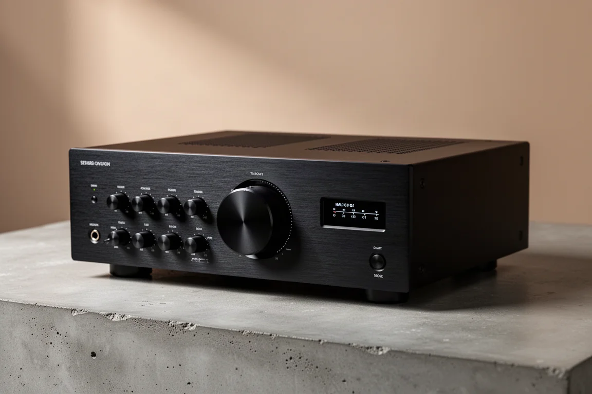 Black integrated stereo amplifier with large central volume dial on a concrete surface