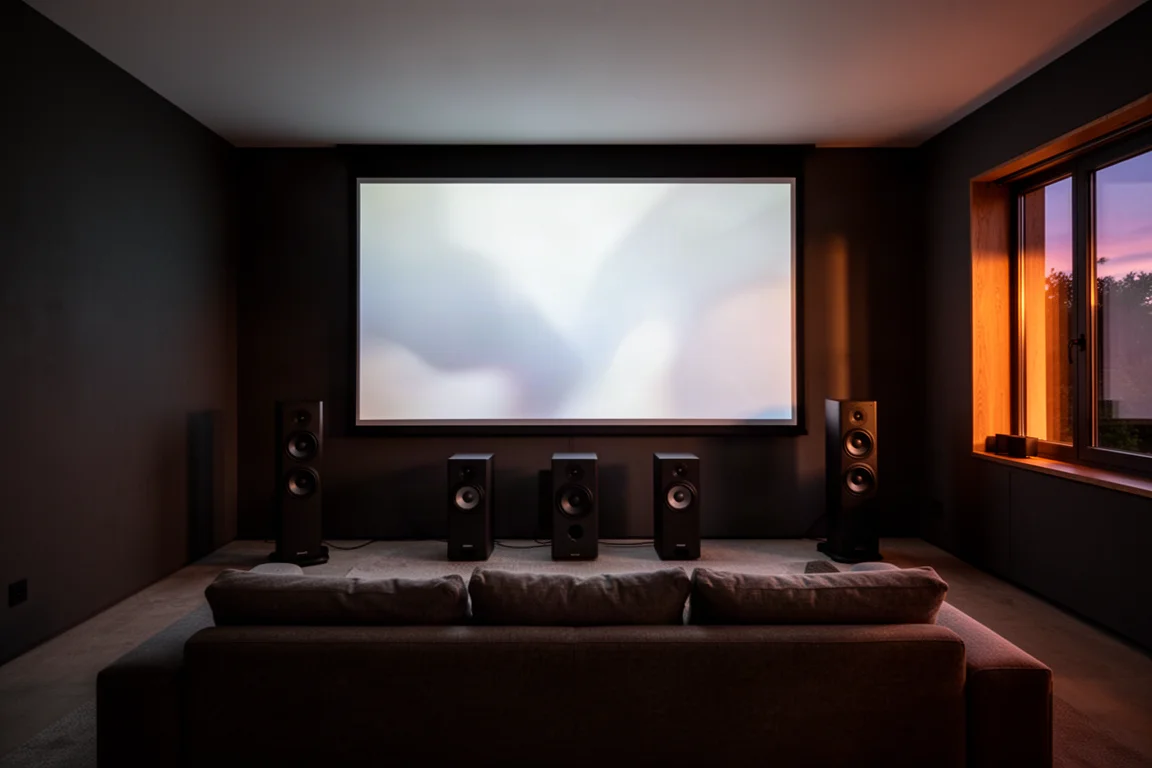 Soggiorno in penombra adibito a home theater al crepuscolo con schermo di proiezione e diffusori da pavimento