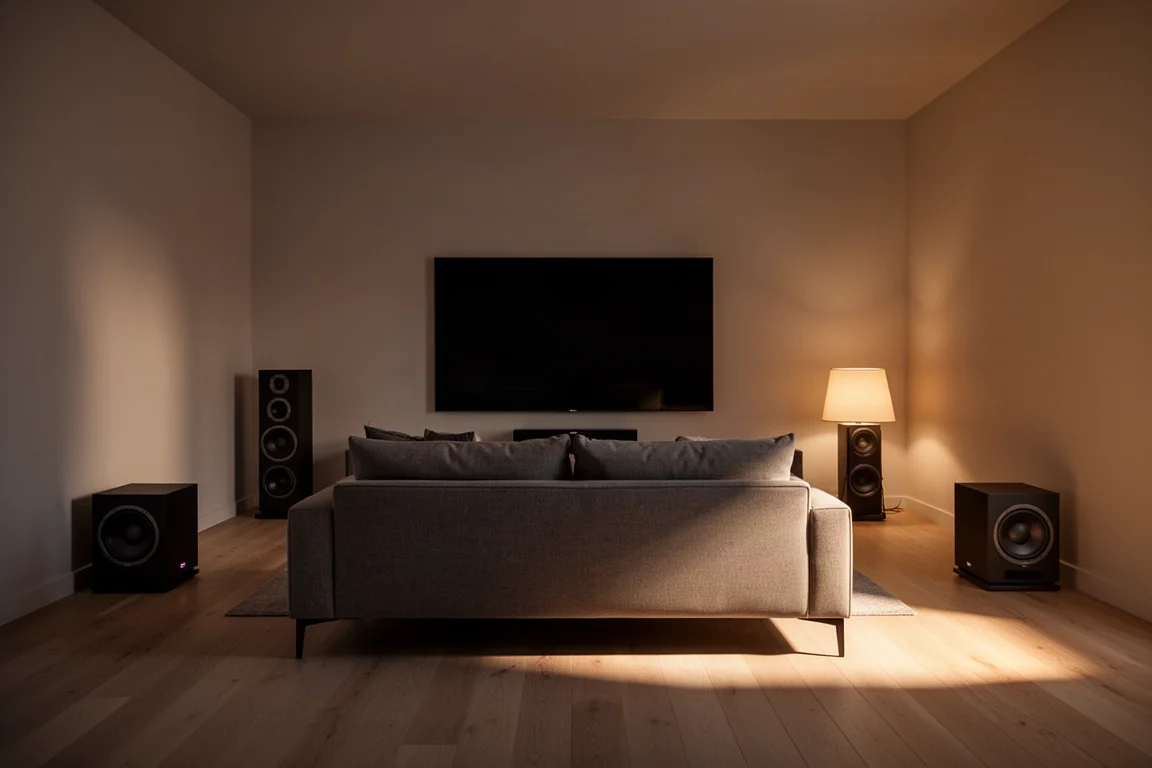 Impianto surround in soggiorno di sera con due subwoofer compatti e un divano basso