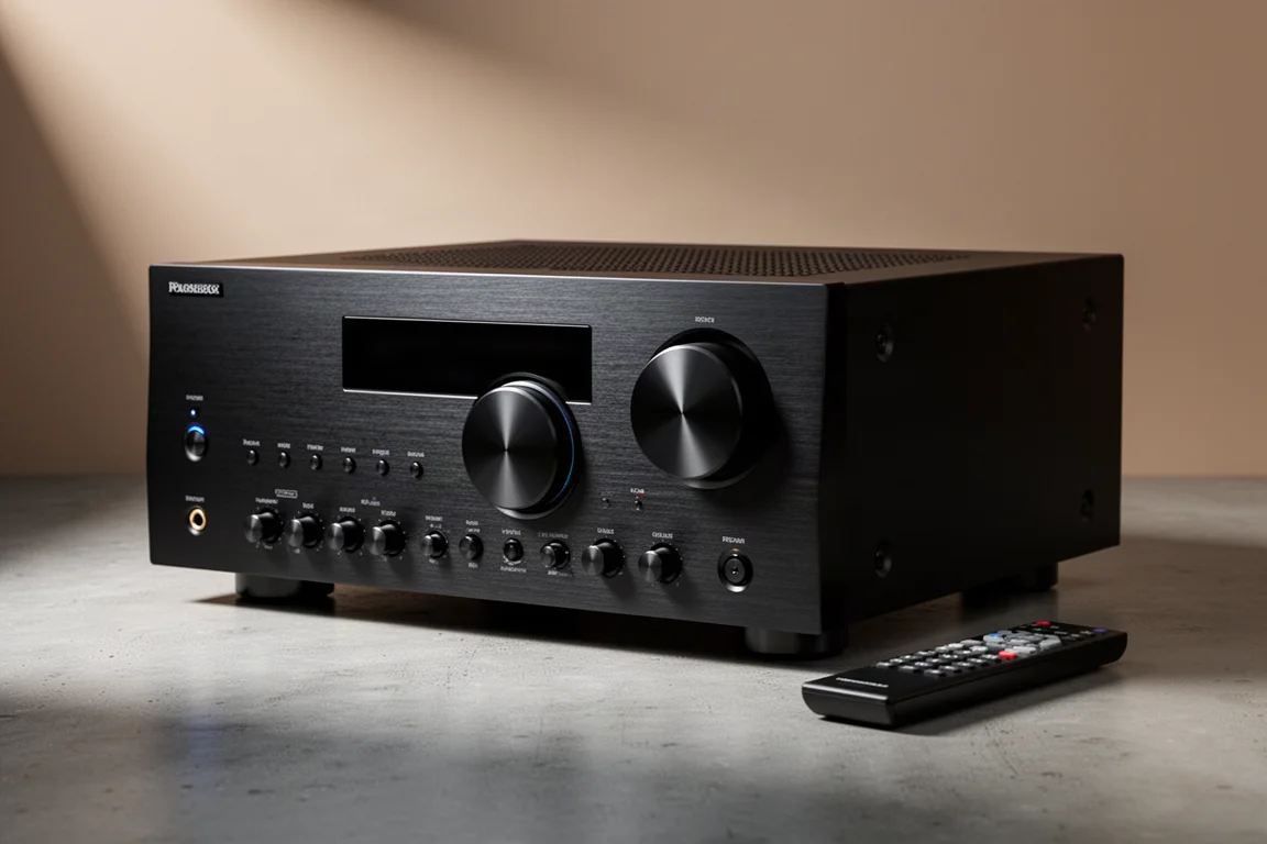 Black home theater AV receiver with a slim remote control on a matte concrete surface