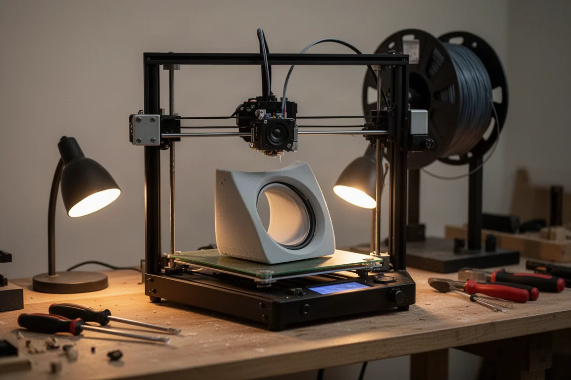 Stampante 3D a metà della stampa di un mobile acustico curvo in un laboratorio domestico