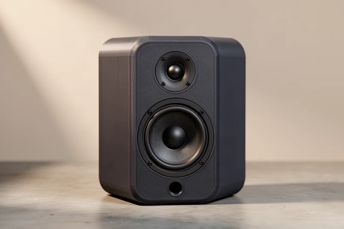 Compact 3D printed two-way bookshelf speaker on a matte concrete surface