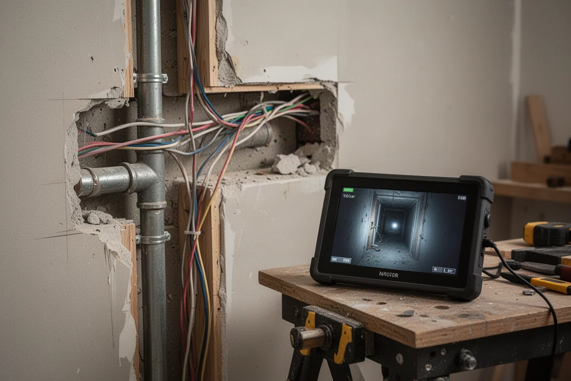 Thuiseigenaar inspecteert achter een wandholte met een inspectiecamera
