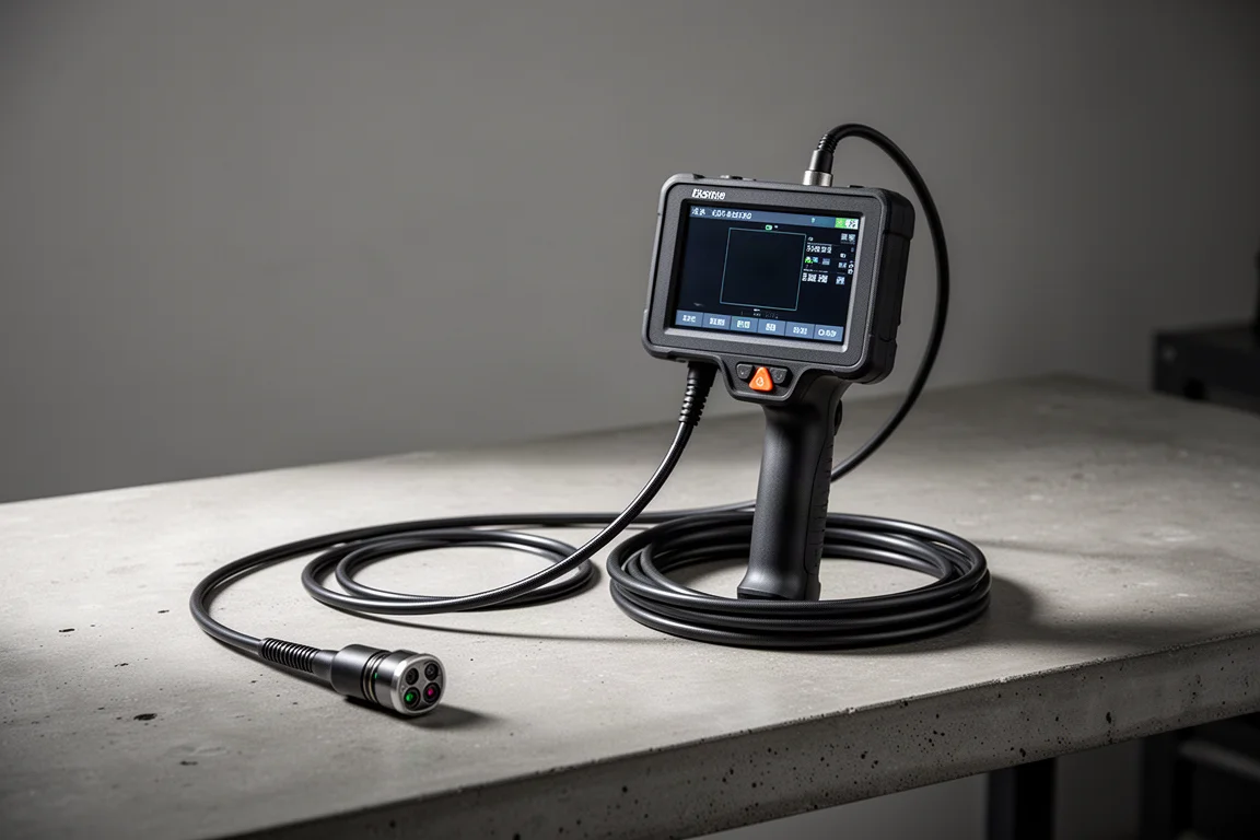 Depstech DS300 handheld endoscope with screen and coiled camera cable on a workbench
