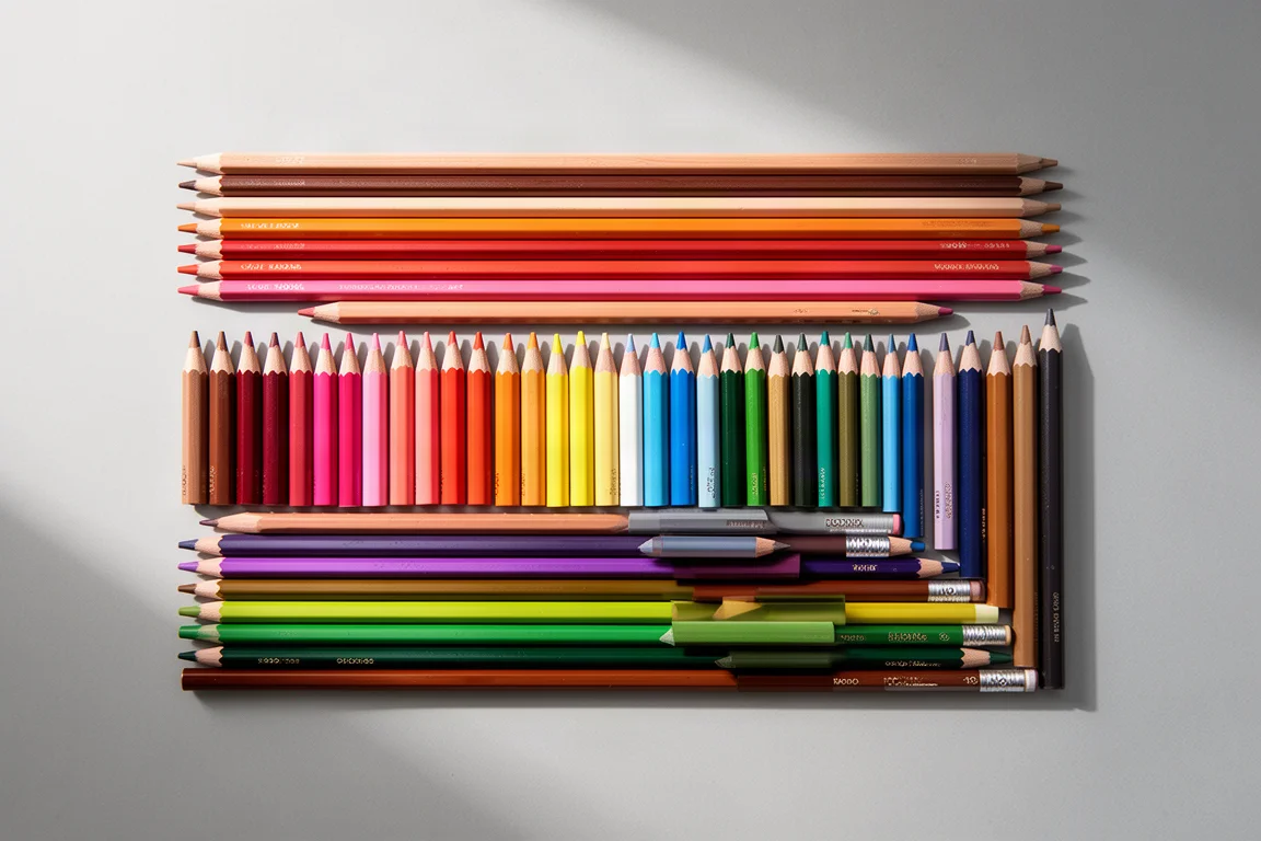 Open set of colored pencils laid out in gradient rows on a desk
