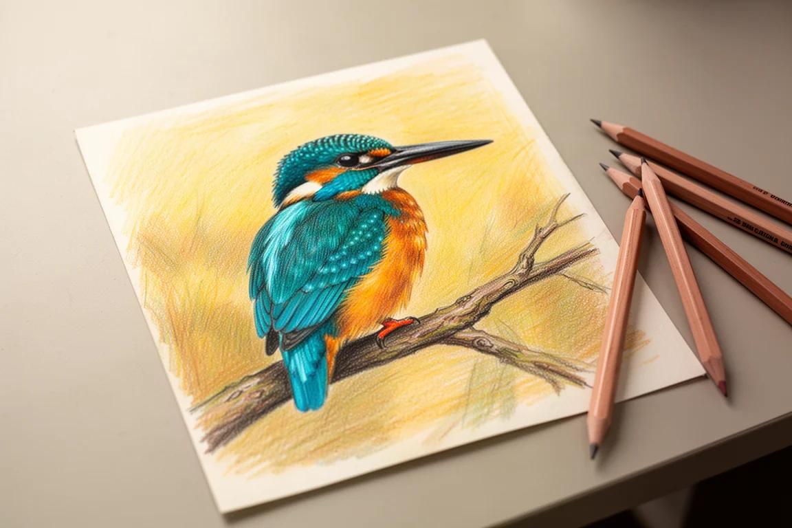 Hand-drawn kingfisher artwork in vibrant blues and oranges