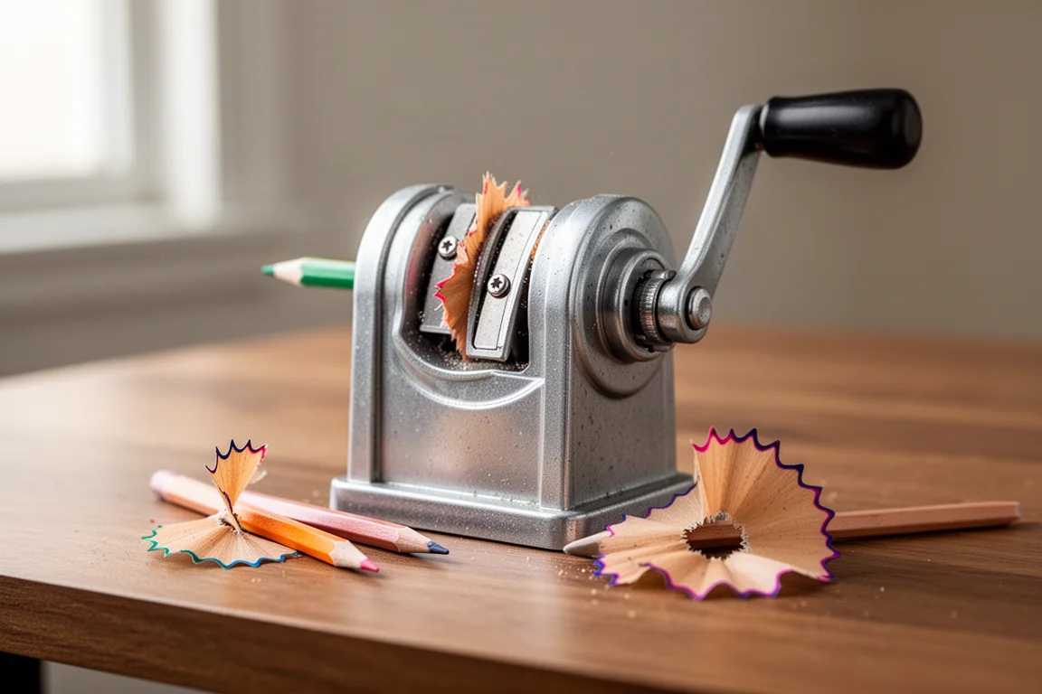 Colored pencil being sharpened in a hand-crank sharpener