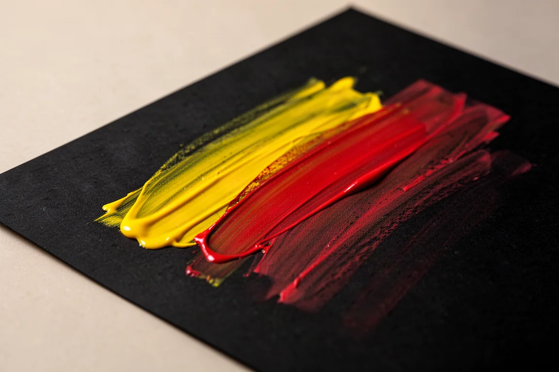 Tratti di matita giallo acceso e rosso resi in modo deciso su carta nera