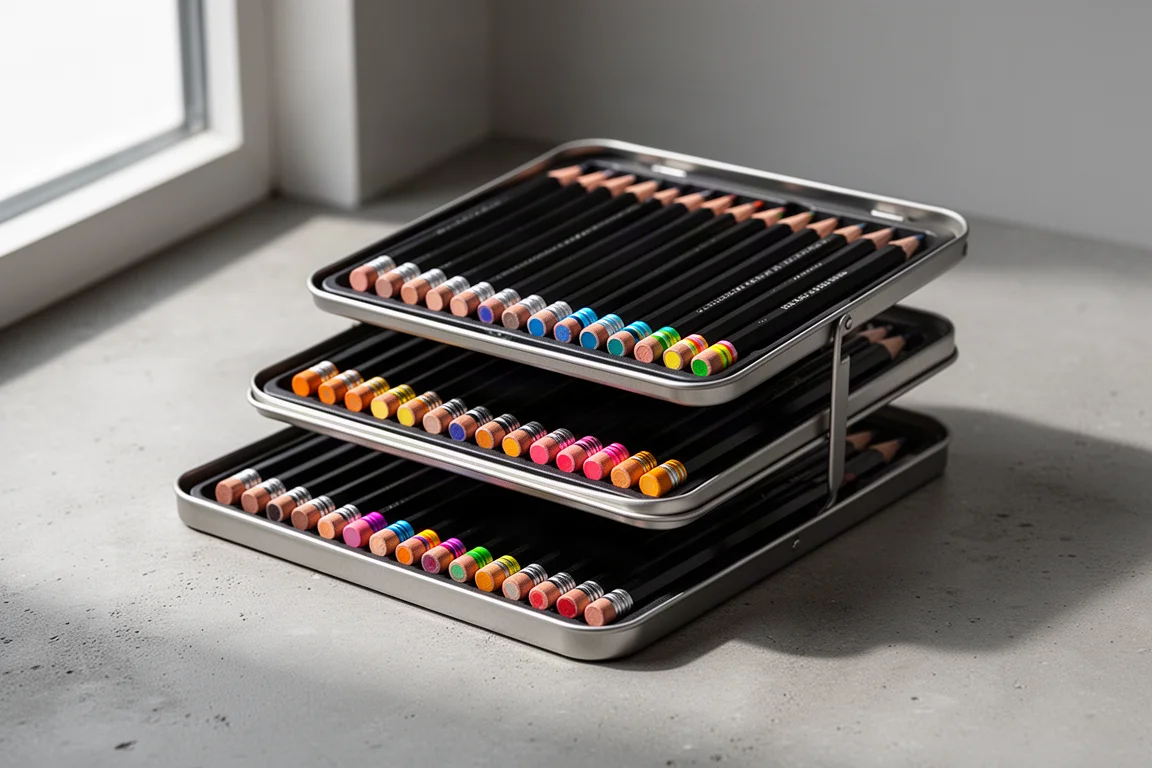 Open three-tier tin of black-barreled colored pencils on a concrete surface