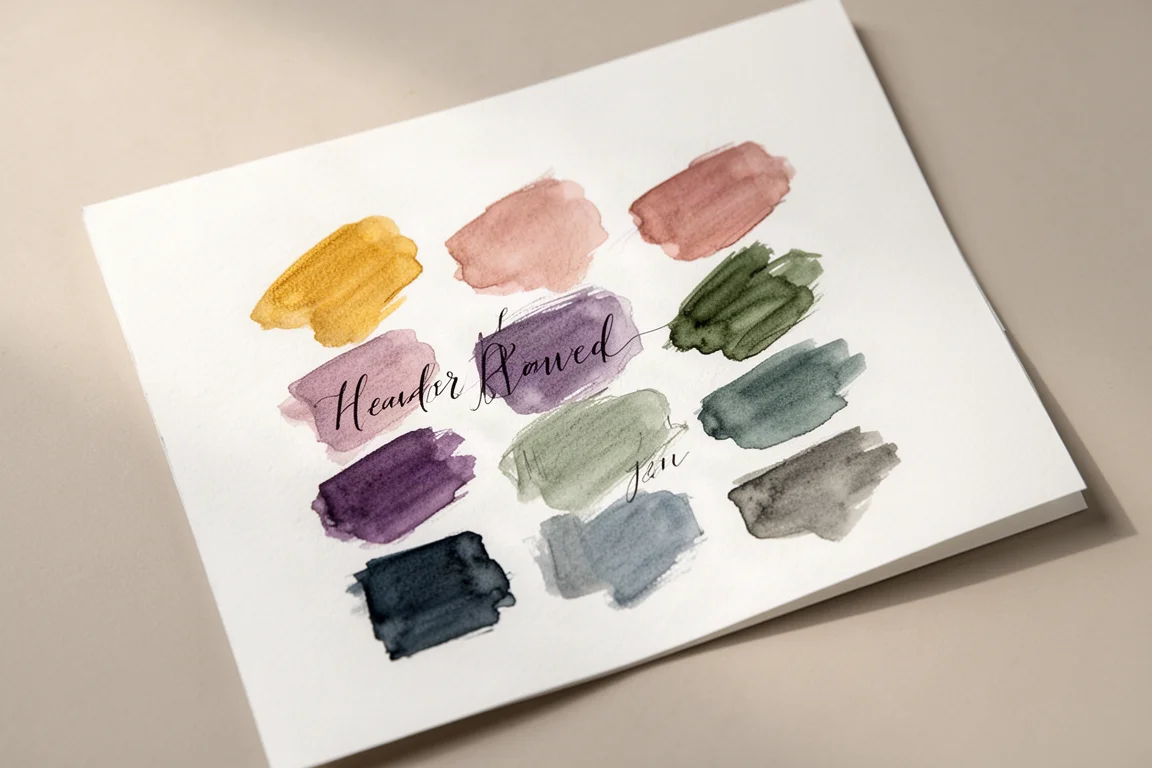 Cartella di campioni di un artista con colori terrosi e tenui su carta bianca