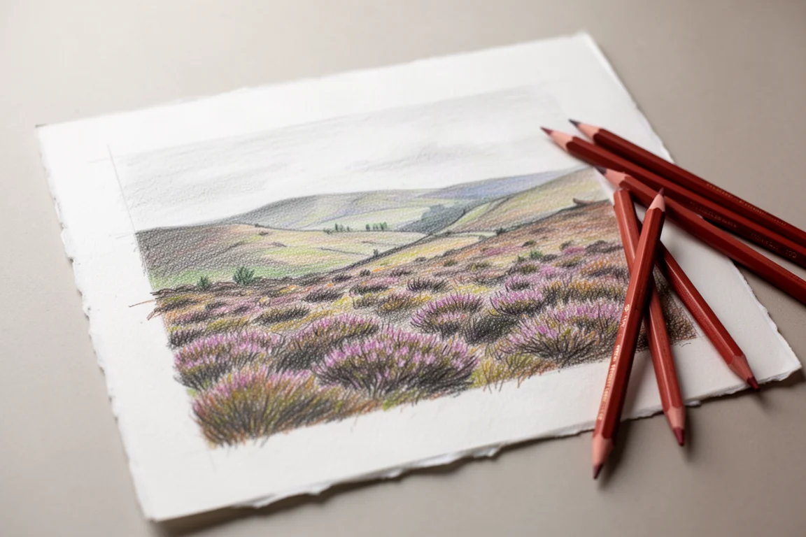 Opera a matite colorate di un paesaggio naturale in corso di realizzazione su carta di cotone