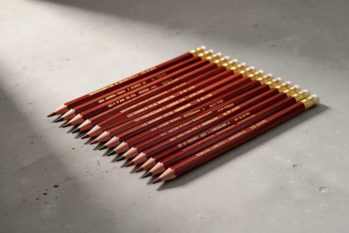 Fanned set of 72 reddish-brown coloured pencils on a concrete surface