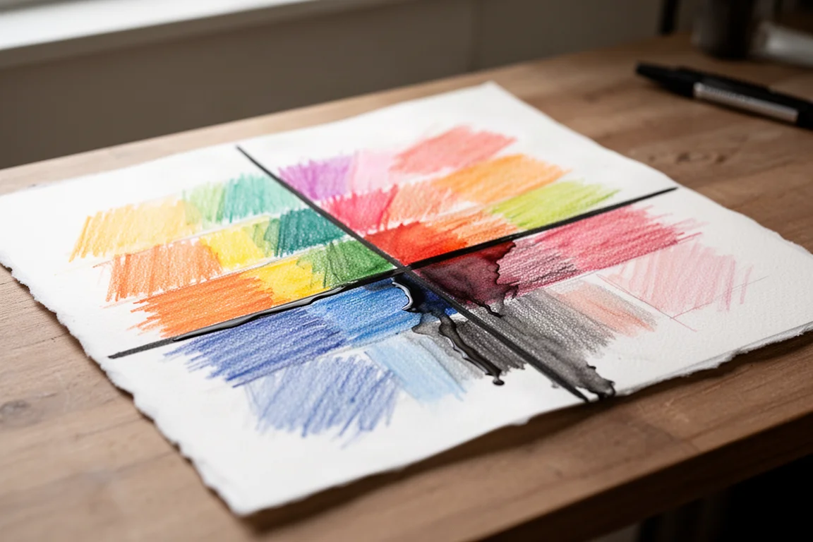 Hoja de muestras dibujada a mano con colores vivos de lápices de tinta, en seco y activados con agua
