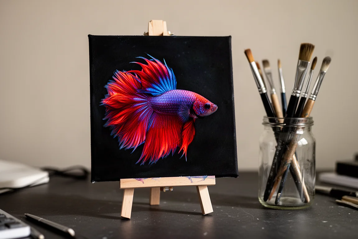 Obra en proceso de un pez betta con colores vivos sobre un caballete