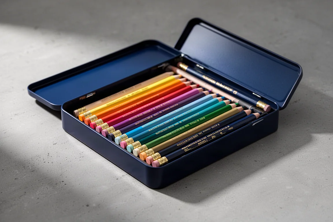 Open tin of water-soluble ink pencils arranged in colour spectrum order