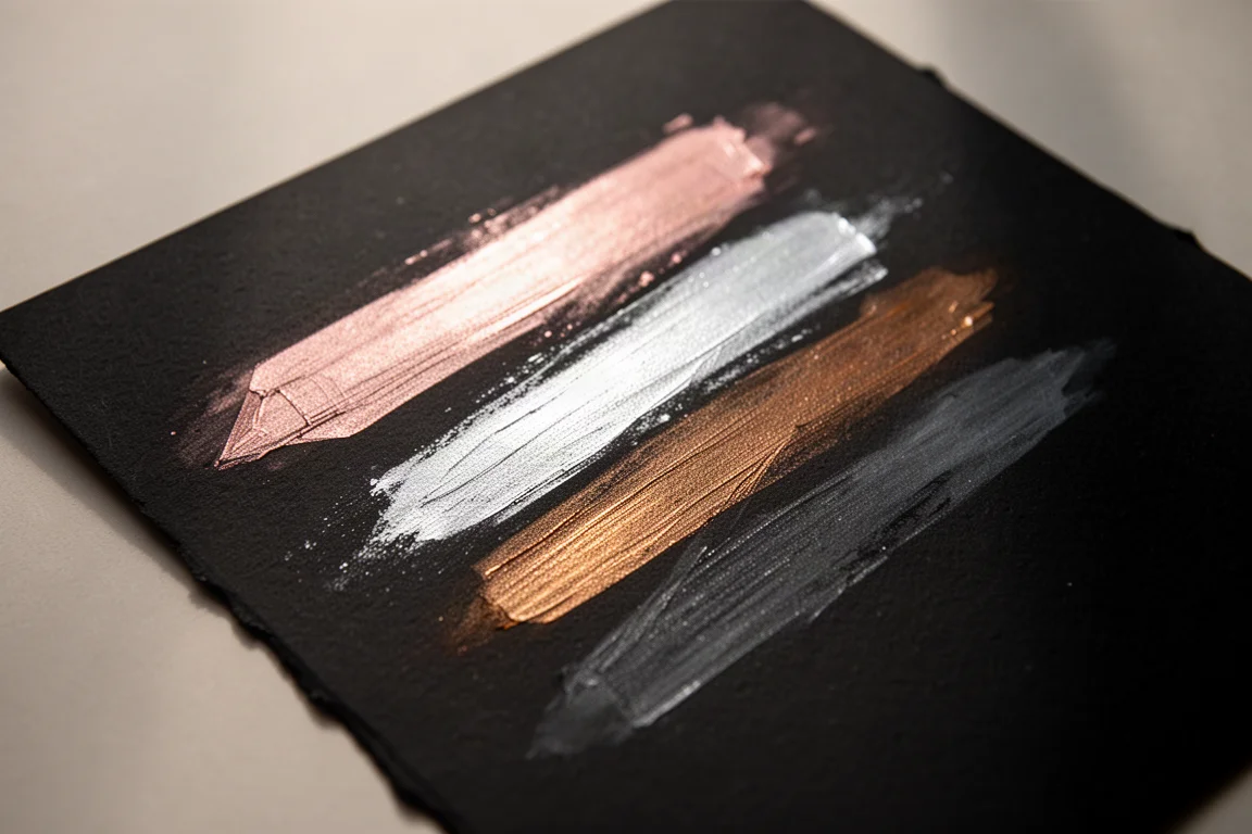 Metallpennornas färgprover som skimrar på svart mixed media-papper