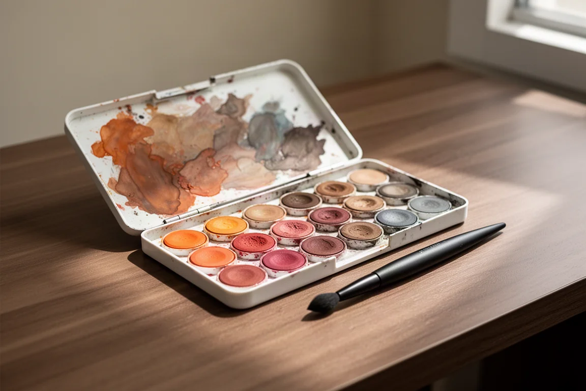 Palette artistica a conchiglia aperta con godette acquerellate terre e un pennello ad acqua sulla scrivania