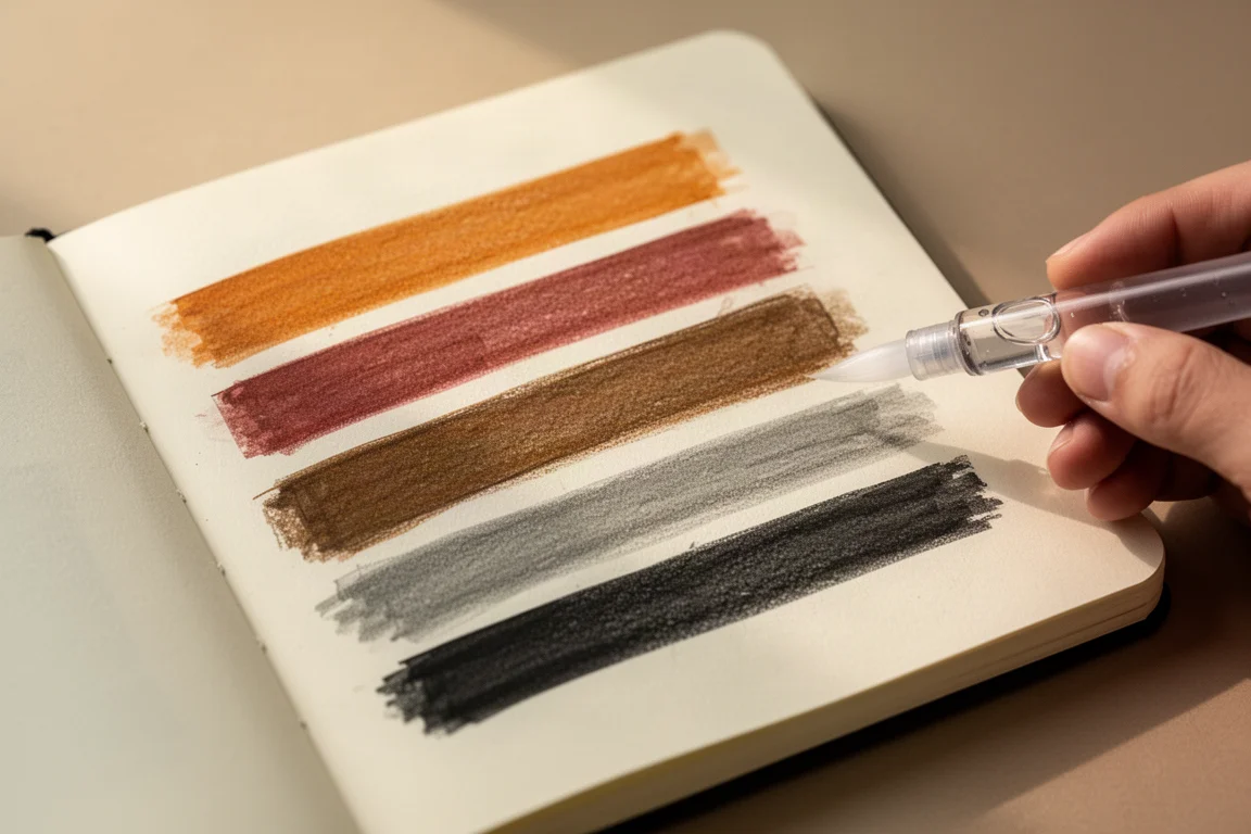 Un artista prova colori terre da schizzo su una pagina di taccuino