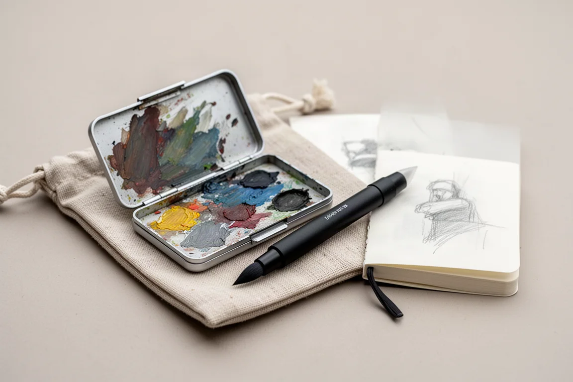 Palette d'arte compatta e pennello ad acqua pronti per lo schizzo dal vero