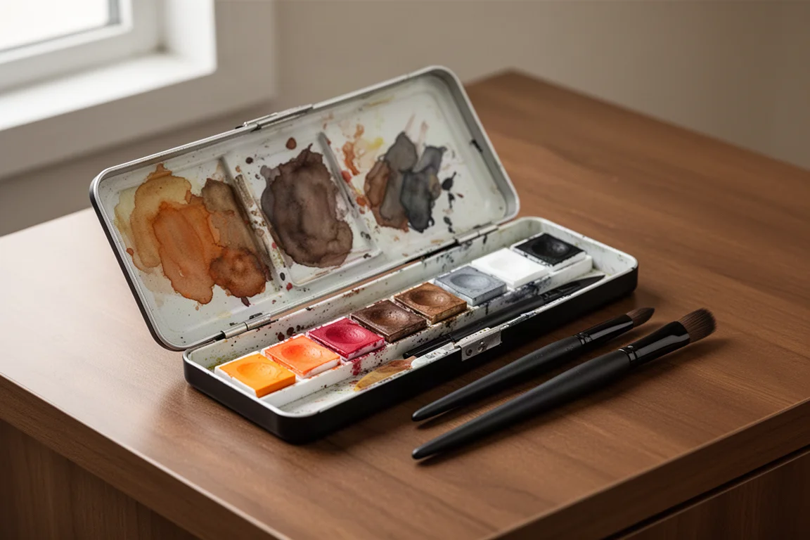 Open clamshell artist palette with earthy watercolor pans and a water brush on a wooden desk