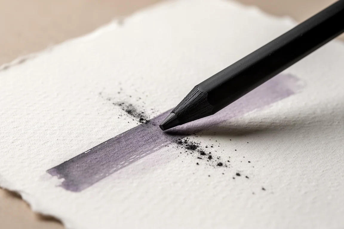 Hand zeichnet einen dezenten lavendelfarbenen Kohlestrich auf strukturiertem Aquarellpapier