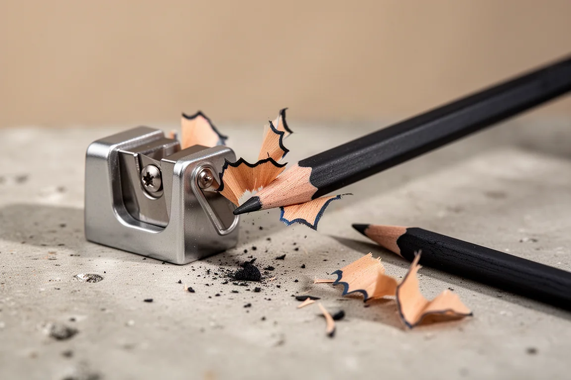 Kohlestift wird mit einem kleinen Handspitzer spitz angespitzt