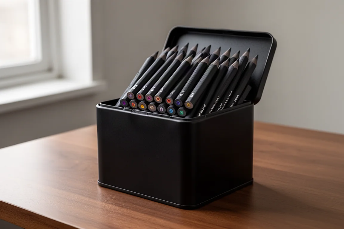 Open tin of 24 charcoal pencils with thick dark cores on a wood desk