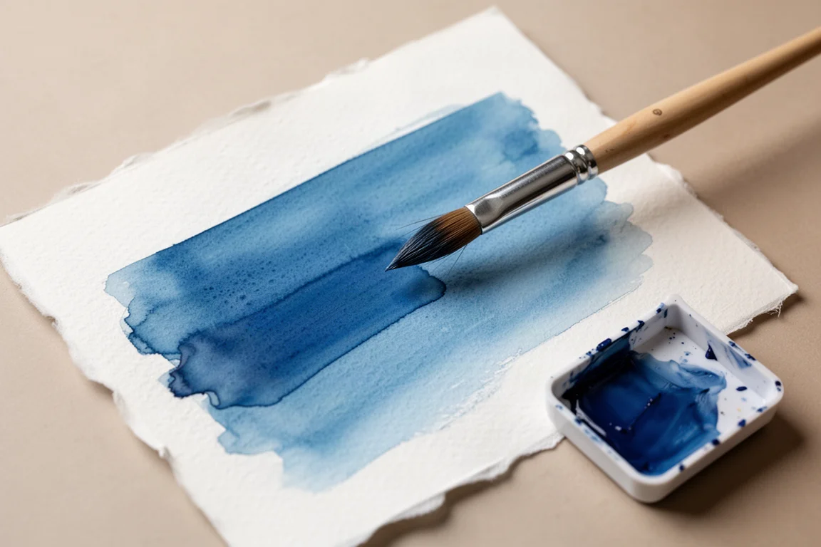 Pincel de acuarela realizando un lavado amplio y húmedo sobre papel de textura