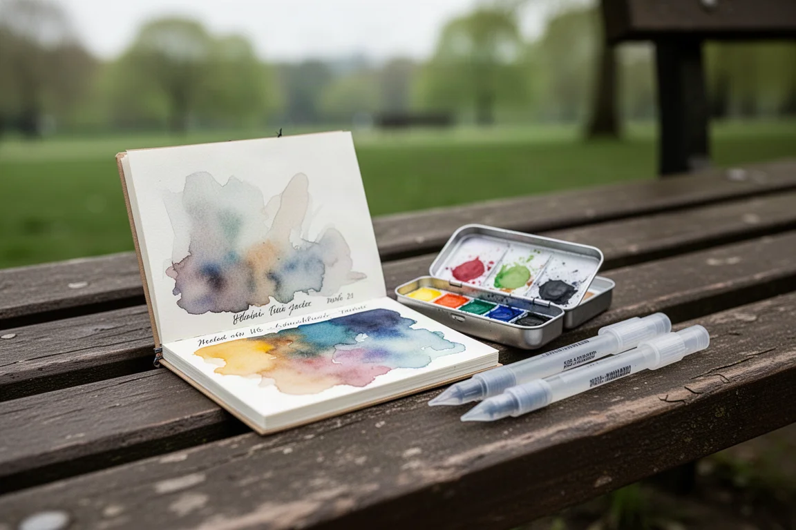 Equipo compacto de dibujo de viaje con bloc pequeño de acuarela y caja de pinturas