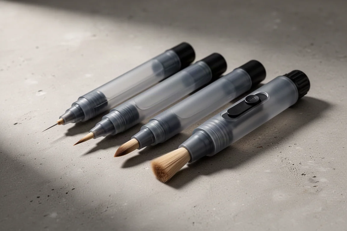 Set of four Derwent water brushes with different tip sizes on a concrete surface