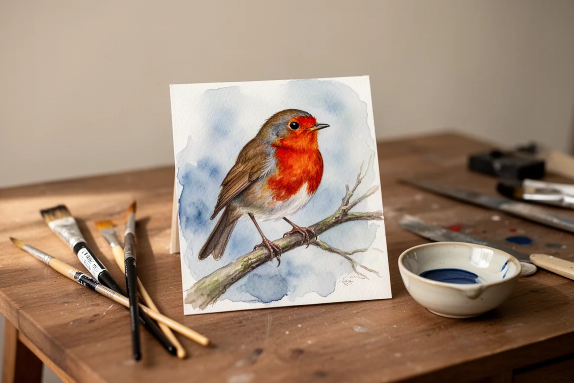 A freshly painted watercolor robin on textured cotton paper