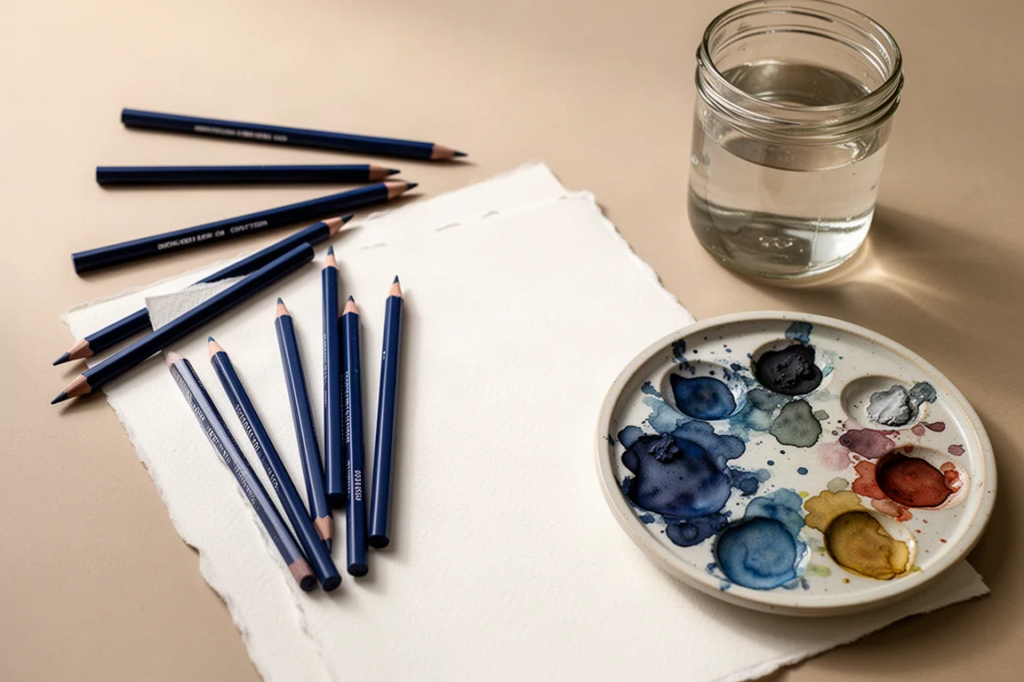 Watercolor pencil application on paper with a brush and palette ready for mixing