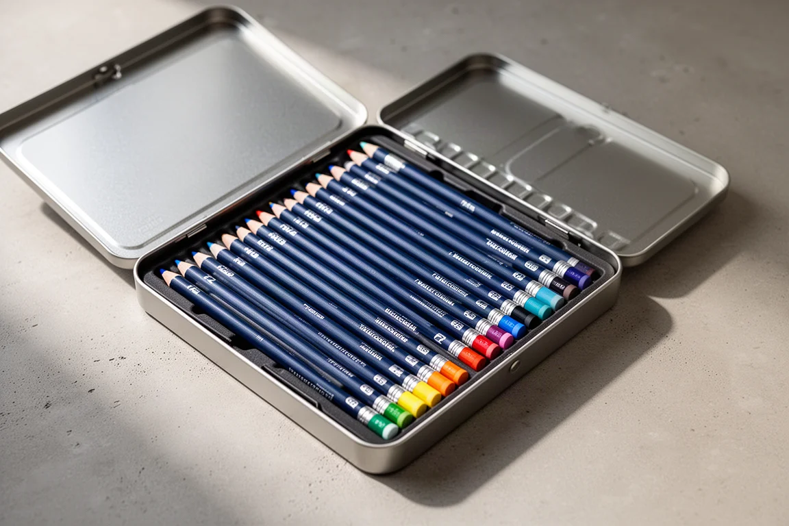Geöffnete Metallbox mit 72 dunkelblauen Aquarellstiften, in Reihen angeordnet