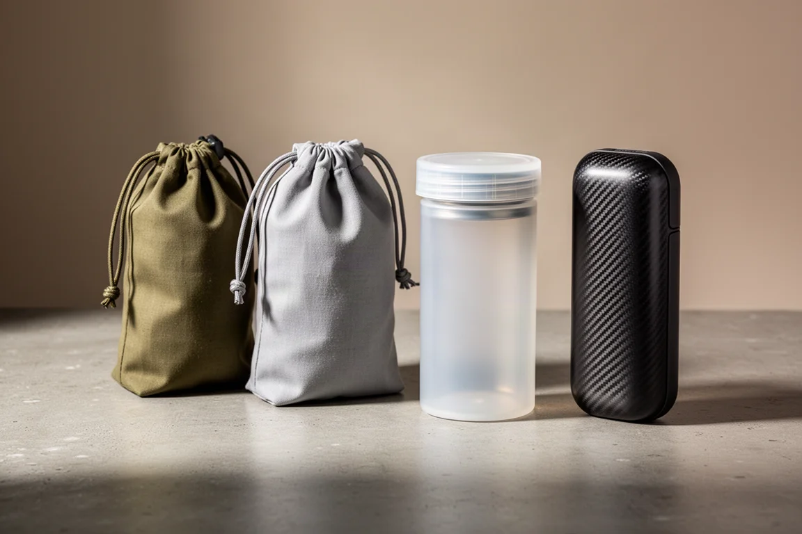 Backpacking food storage sacks, soft bags, and a hard canister in a row on concrete