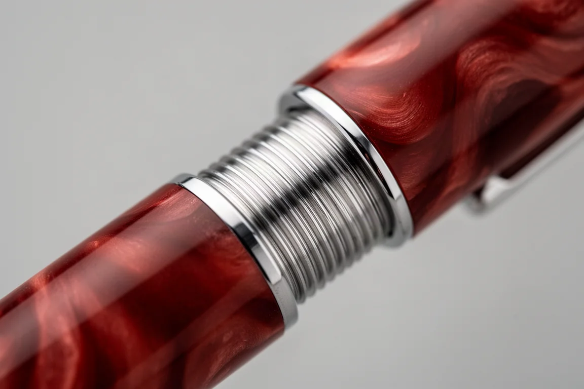 Close-up da grip de uma caneta tinteiro mostrando roscas suaves e arredondadas