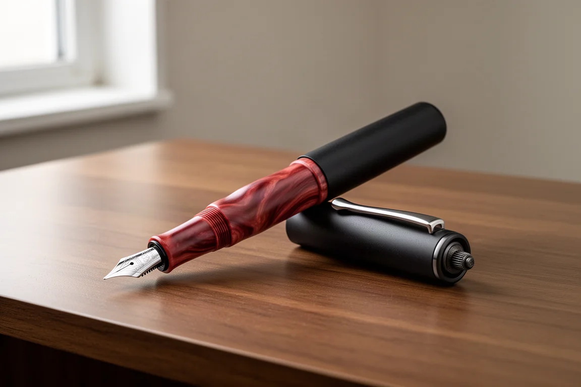 Handmade fountain pen with swirled reddish barrel on a wooden desk