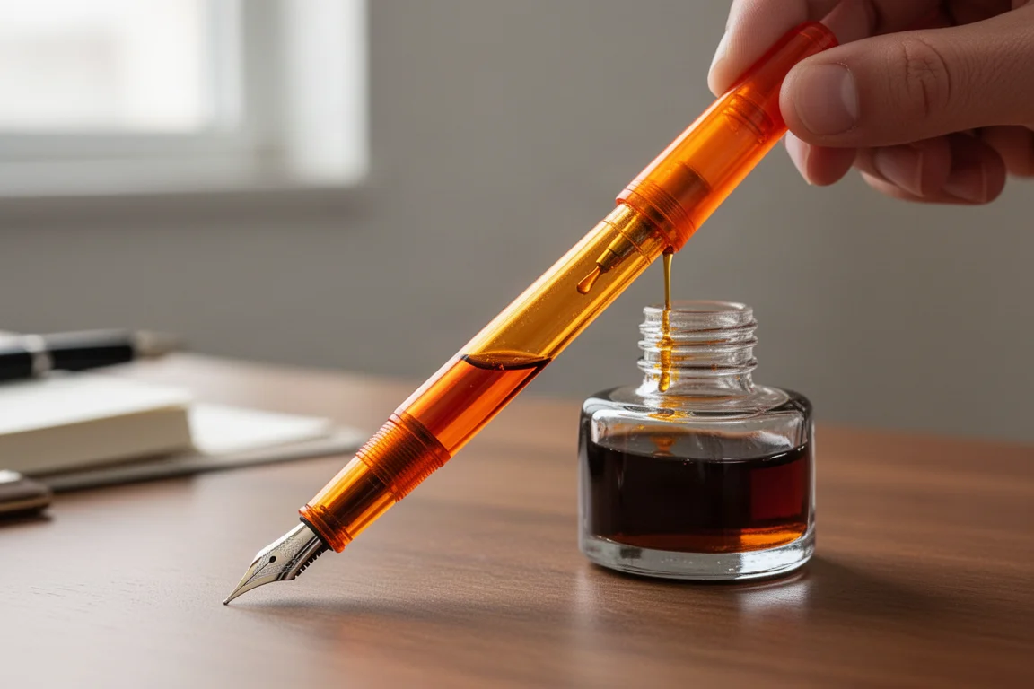 Fusto di una stilografica in fase di riempimento con inchiostro arancione prelevato da un flacone di vetro