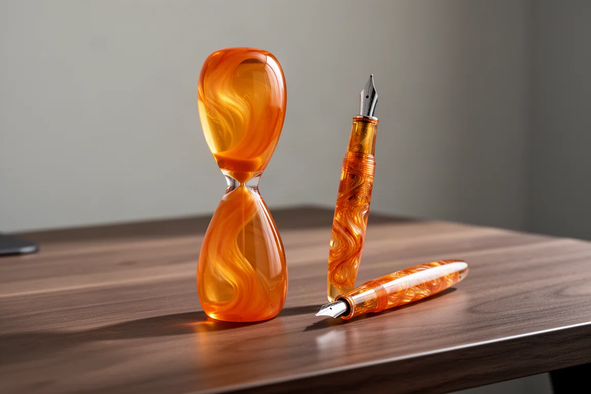 Two orange swirly fountain pens, one large and one small, side by side on a wood desk