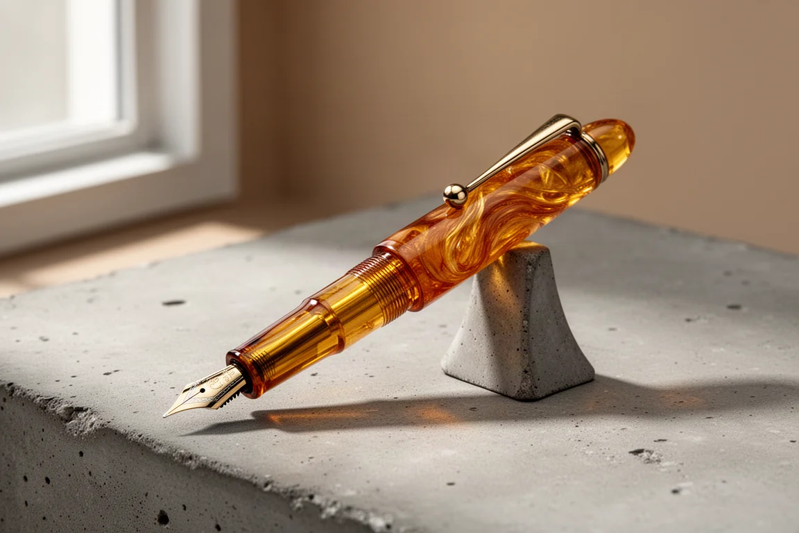 Handmade amber acrylic fountain pen resting on a matte concrete surface