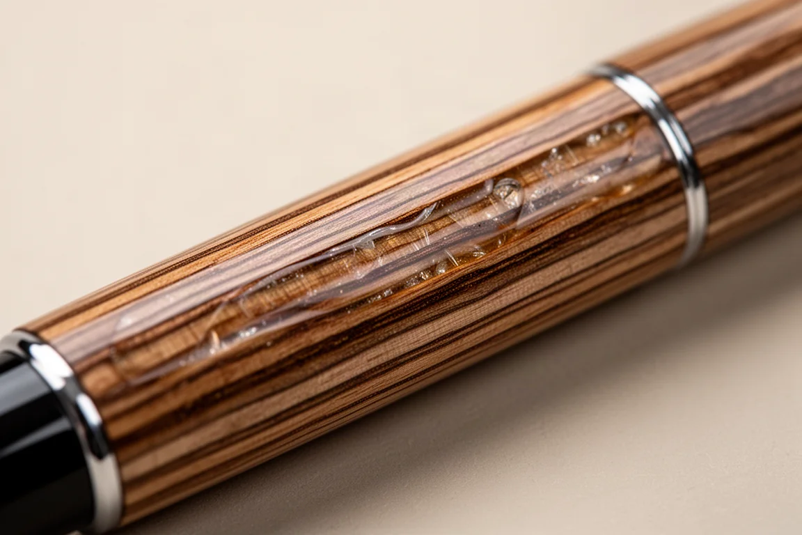 Dettaglio della venatura del legno laminato a strati sul barrel di una penna stilografica
