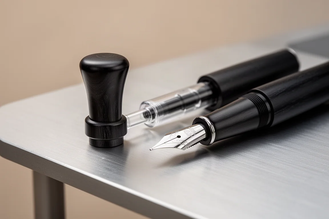 Convertitore a stantuffo custom in ebonite con pomello largo accanto a una penna stilografica
