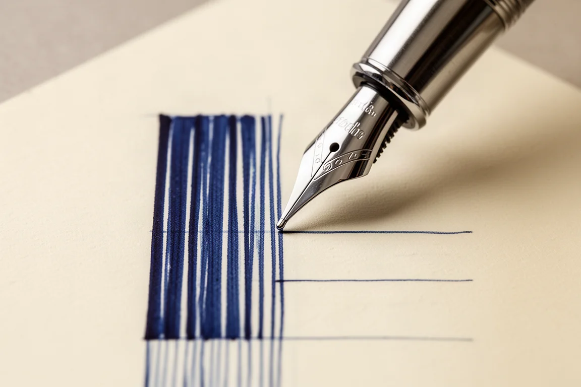 Punta stub italic di una penna stilografica che scrive tratti di inchiostro su carta color crema