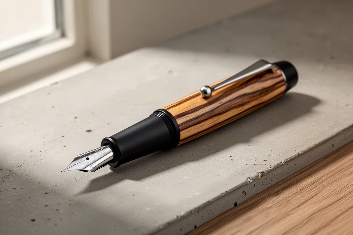 Handmade laminated wood fountain pen with stainless steel nib on concrete surface