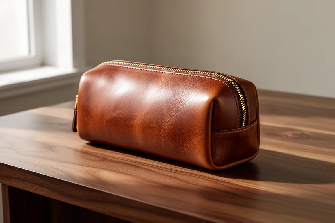 Brown leather round zipper pen case on a wooden desk with gold zipper detail